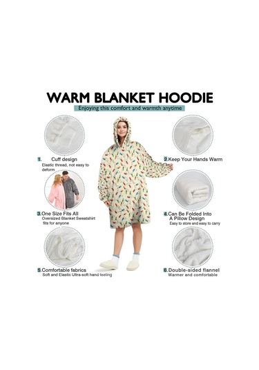 Noel Temalı Unisex Giyilebilir Battaniye Hoodie, Kalın Peluş, Kollar Ve Büyük Cep-a79 Bej