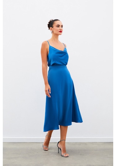Sateen Midi Boy Saten Etek - İndigo-134963 İndigo