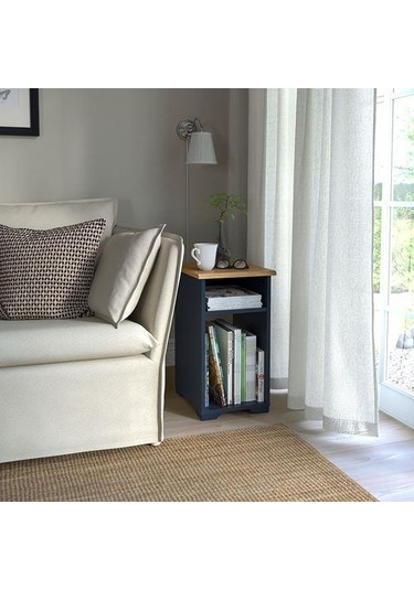 Bölmeli Yan Sehpa MeridyenDukkan Koyu Mavi Renk 40x32 cm Meşe Görünüm-Açık Raf Sistemi