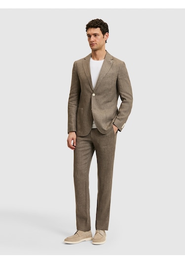 Cacharel Kahverengi Slim Fit %100 Keten Mikro Desen Mono Yaka Ceket Hardal