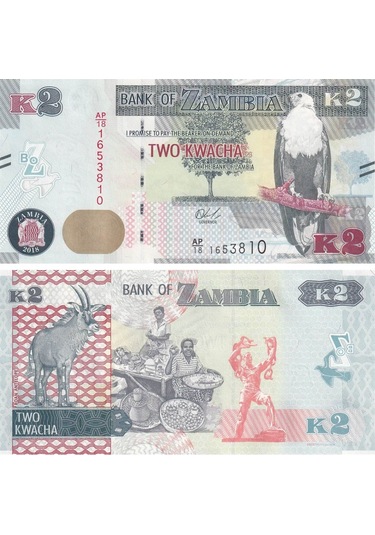 Zambiya, 2 Kwacha 2018 Çil Eski Yabancı Banknot