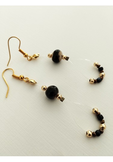 K205 Zarif Sallantılı Küpe Siyah&altın Sarısı Altın - Siyah