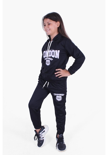 Fyk Kids Kapüşonlu-london Baskı Detaylı Kız Çocuk Eşofman Takımı Siyah