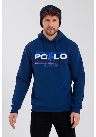 Polostate Erkek Kapüşonlu Baskılı 3 İplik Sweatshirt İndigo