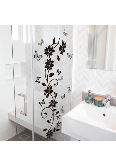 Gajeena Siyah Çiçek Asma Kelebek Duvar Sticker, Kaldırılabilir Vinyl Otostik Ev Dekoru, Banyo Oturma Odası Yatak Odası Dekoratif 90x30cm Siyah