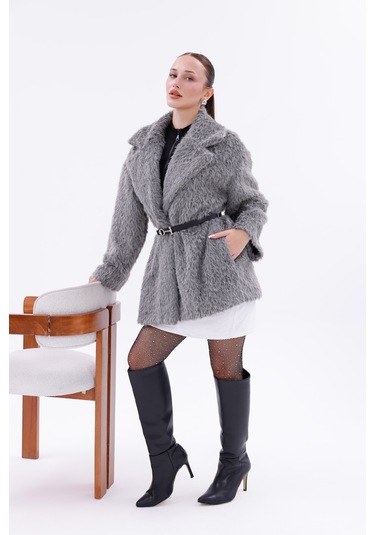 Kemer Detaylı-astarlı-düğmeli Kadın Kaban Gri