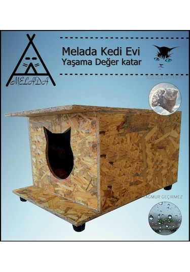 Melada Kedi Evi Dış Ortam Uygun Ahşap Kedi Evi Osb 47x36x25 Cm