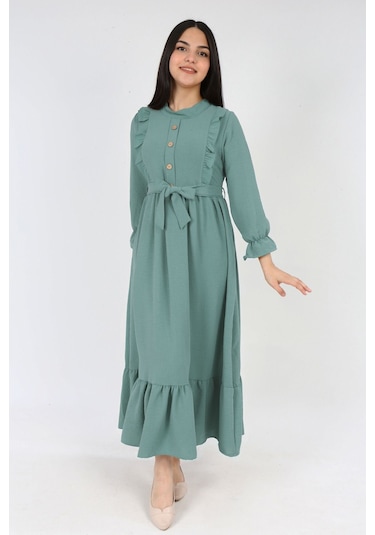 Kiz Cocuk Elbise Aerobin Keten Kumaş Tesettüre Uygun Uzun Boydan Cocuk Elbise Yonca Yeşili
