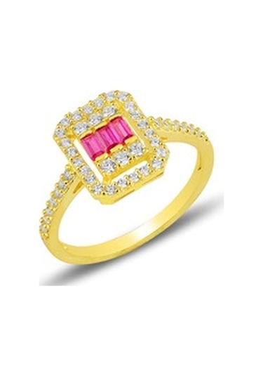 Gümüş Altın Yaldızlı Baget Kesim Kök Yakut Taşlı Çizgili Üçlü Se