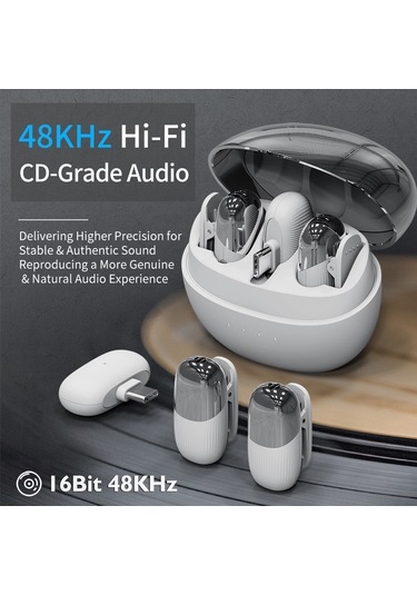 Samdoo Beyaz Kablosuz Kolluk Mikrofonu, Şarj Kutusu İle Gürültü Engelleme, Type-c Bağlantı, Hemen Kullanıma Hazır