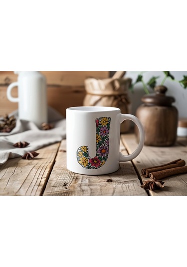 J Baş Harf Çiçek Desenleri İle Natural Tarz Kupa Bardak - Kişiye Özel Çiçekli Kahve Çay Bardak - Beyaz