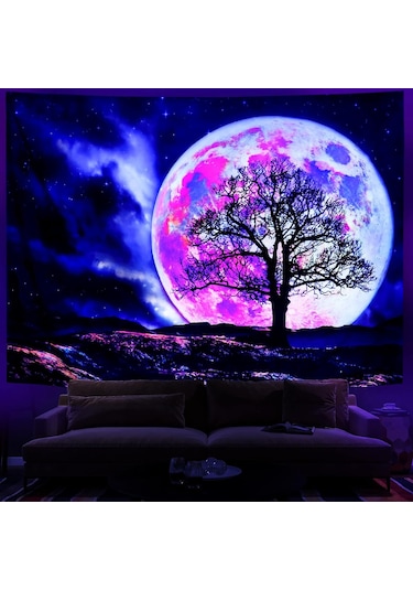 Blacklight Ay Goblen Uv Reaktif Galaxy Uzay Goblen Trippy Dağ Ağacı Goblen Yıldızlı Gece Gökyüzü Goblen Duvar Asılı