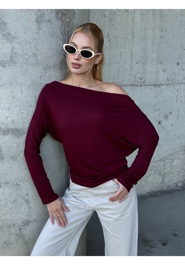 Kadın Kayık Yaka Full Esnek Asimetrik Kesim Comfort Spor Şık Tasarım Yumoş Bluz Bordo