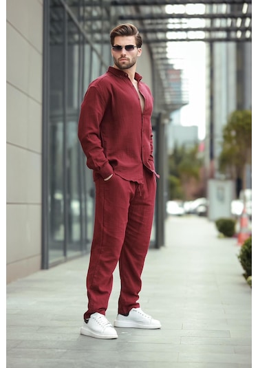 Madmext Bordo Gömlek Pantolon Erkek İkili Takım E7322 Bordo
