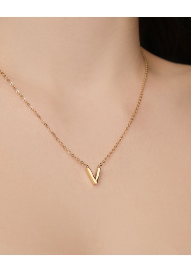 Lekka Design Kadın Kararmaz Çelik Takı V Harf Kolye Altın