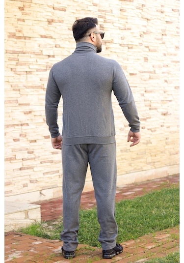 Gri Nakış Detaylı Rahat Kalıp Fermuarlı Erkek Eşofman Takım Gri