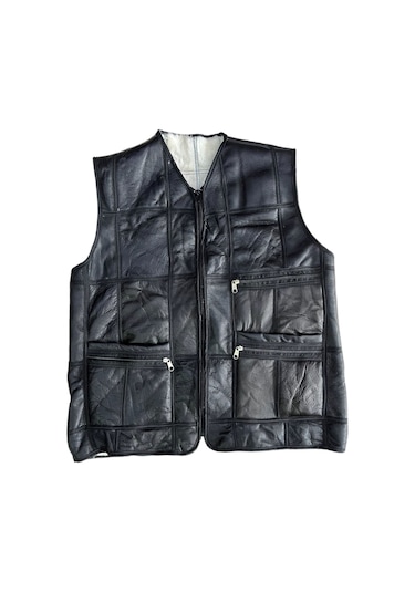 Patchwork Içi Kürk-Dışı Süet Hakiki Deri Biye Siyah-Beyaz Yelek