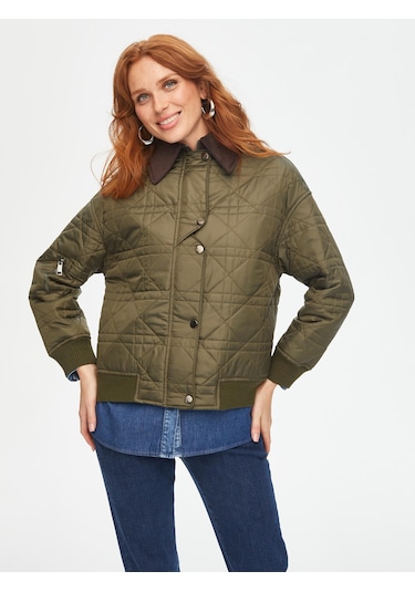 Kadife Yakalı Ribana Garnili Kapitone Mont 69438 U6943854 Haki