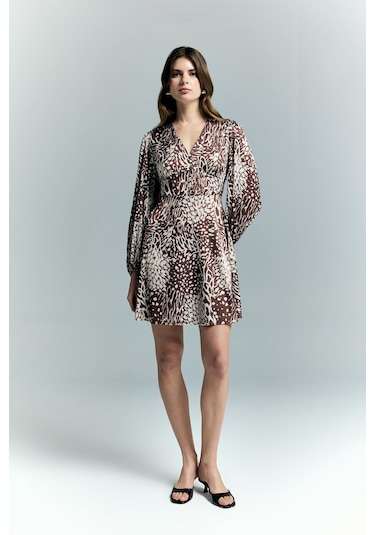 Desenli Mini Elbise - Kahve-137220