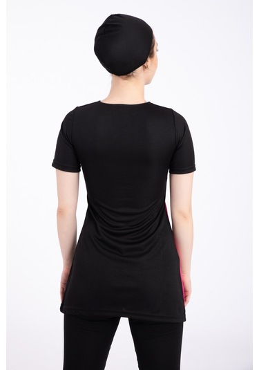 Kadın 667 Şeritli Kısa Kol Taytlı Tesettür Mayo Siyah-pembe-siyah - Pembe 31551 - 1 Siyah - Pembe