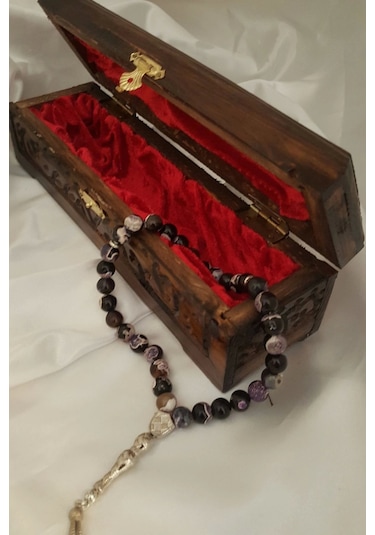 Rahan Akik Tesbih Tespih Akik Doğal Taş Tesbih Gümüş İmameli Ahşap Kutulu 10 Mm Akik Mavi Beyaz Çok Renkli