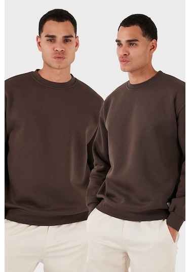 Buratti Regular Fit Bisiklet Yaka Şardonlu 2'Li Paket Erkek Sweat 5905255S2 Koyu Kahve-Koyu Kahve