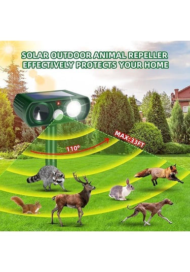 Hangfox Güneş Enerjili Ultrasonik Hayvan Kovucu, Yeşil Renk, 8m Etki Mesafesi, 110 Algılama Açı, Ipx4 Su Geçirmez, Sıçan-kedi-köpek-yılan Kovucu