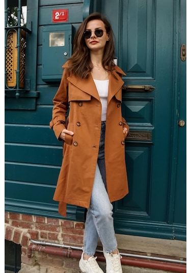 Pastelastore %100 Pamuk Gabardin Midi 95cm Astarlı Kemerli Kadın Trençkot 1113 Taba