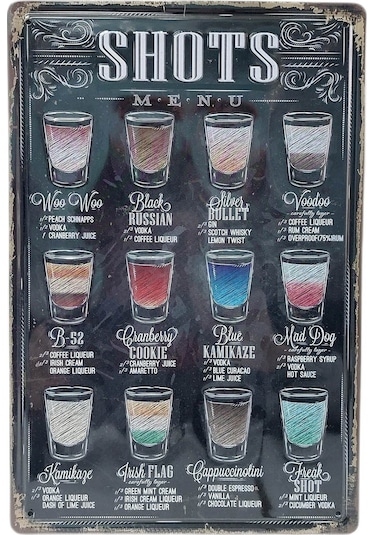 CajuArt Shots Menu İçecekler Temalı 20x30 cm Metal Plaka Dekor