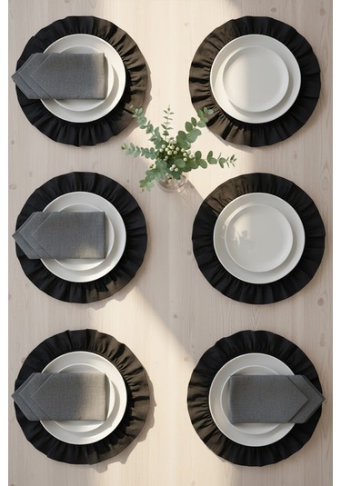 Yunusoğlu Home Pamuklu Fırfırlı Supla 6'lı Set Amerikan Servis 33 Cm Çap Supla 6'lı Siyah