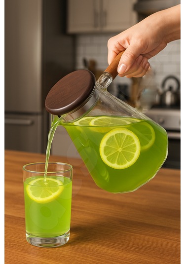 Süzgeçli Cam Sürahi - Akasaya Kapaklı Ve Saplı - Detoks Sürahisi - Contalı Kapak