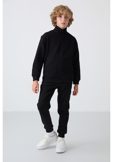 Tommy Life Siyah Pamuklu Kalın İçi Tüylü Yumuşak Dokulu Standart Fit Nakışlı Erkek Çocuk Eşofman Takım - 11256 Siyah