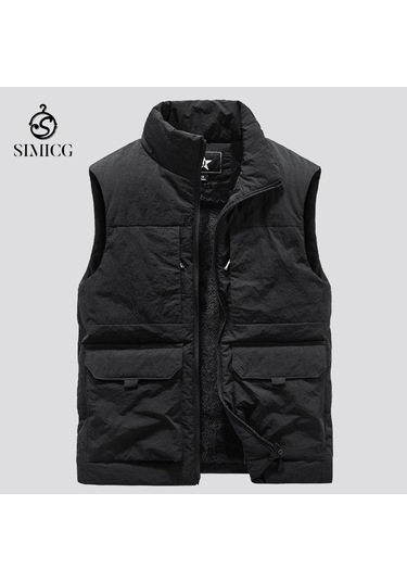 Kalın Polar Retro Çok Cepli Dik Yaka Erkek Yeleği. Siyah