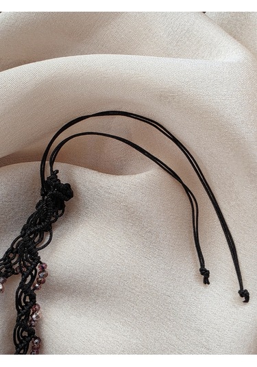 Makrome Bohem İp Örme Yavru Ağzı El Yapımı Bağlamalı Kolye Siyah