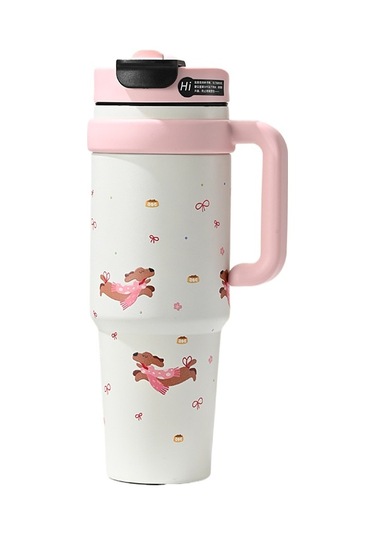 Jian Fan Termos Kupası Kız Çocuk Büyük Kapasiteli Buz Fincan Hasır Bardak - Pembe Pembe