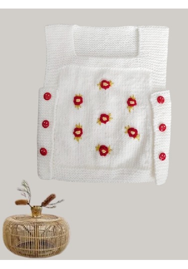 Beyaz El Örgü Sıfır Kollu Bebek Yeleği Kırmızı Çiçekli Beyaz Beyaz - Pembe