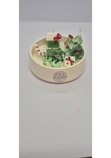 Yılbaşı Hediyelik Linda Kase Mum El Yapımı, Doğal Soya Mum Beyaz - Koyu Yeşil