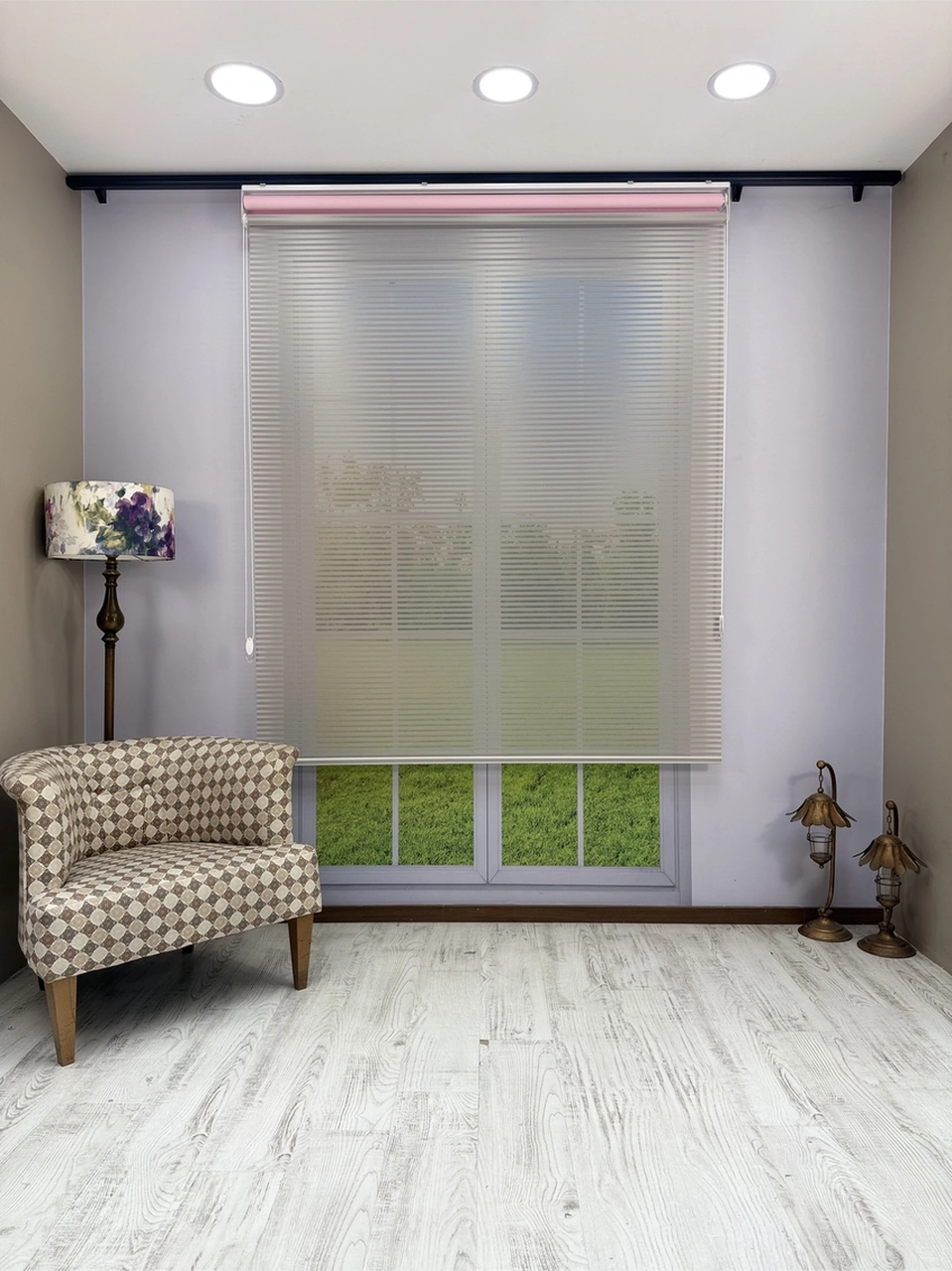 Luna Serisi Açık Gri Tül Pembe Stor Perde Işık Kontrollü, Çift Mekanizmalı, Kolay Montaj Pembe