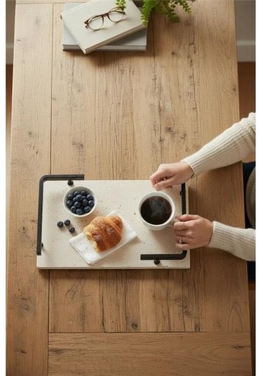 Akayev Traverten Siyah L Dizayn 30x20 Cm Tepsi Beyaz