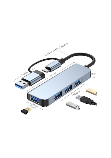 Mufunye Type-c Dönüştürücü Usb Hub, 4 Portlu Usb 3.0 1adet + Usb 2.0 3adet , 5gbps Transfer Hızı, Alüminyum Gövde, Gri Renk