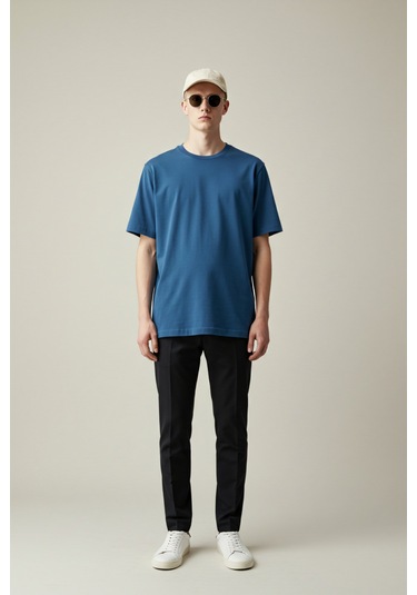 Erkek Oversize Basic Tişört Unisex %100 Pamuk Rahat Kalıp Erkek Tam Oversize Tişört Indigo