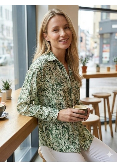 Defymoda Kadın Uzun Kollu Dalgalı Desen Baskılı Gömlek Yeşil