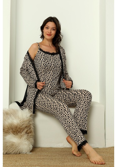 Sabahlıklı Dantel Detaylı Pegasus Kadın Pijama Takımı-çeyizlik Takım- Geniş Beden Aralığı Leopar