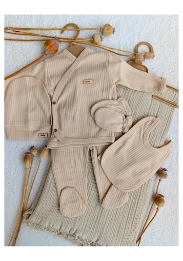 Bej 4 Kat Müslin Battaniyeli 6 Parça Hastane Çıkışı Zıbın Seti Bej