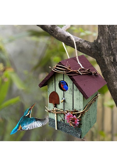 Qingmipy Ahşap Kuş Yuvası Bahçe Dekoru - Mavi Çatıklı Eğik Tasarım, Dış Mekan Ası, Kuş Gözlem Penceresi, Ahşap Malzeme