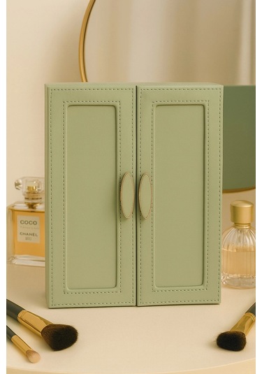 Dışı Deri İçi Kadife 5 Çekmeceli Takı Bijuteri Mücevher Kutusu Organizer Düzenleyici Yeşil İthal Ürü