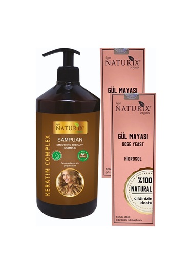 Naturix Yavaş Uzayan Saçlar Tuzsuz Keratin Şampuanı 600 ML + Cilt Temizleyici Gül Mayası 2 x 250 ML