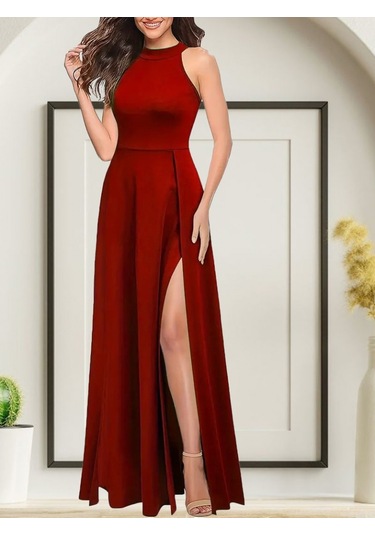 Soonaksesuar Kadınhalter Yaka Derin Yırtmaç Detaylı Tam Boy Ithal Krep Abiye Elbise Kırmızı
