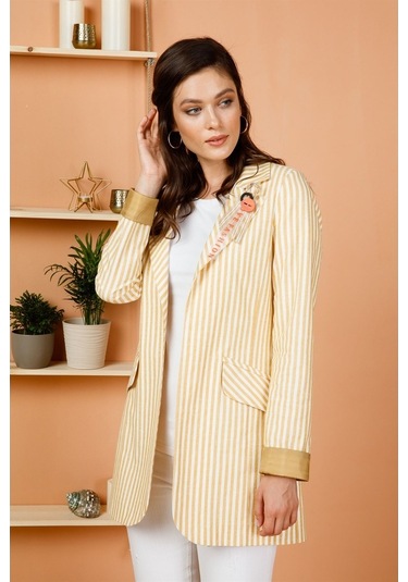 Çizgili Sol Yaka Broslu Spor Ceket Sarı