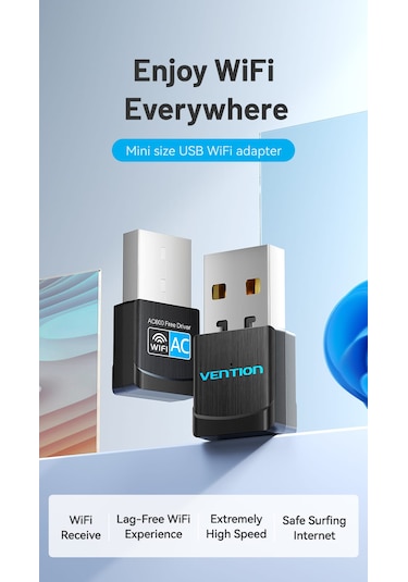 Vention Wifi Adaptörü 5ghz 433mbps/2.4ghz 133mbps Çift Bant